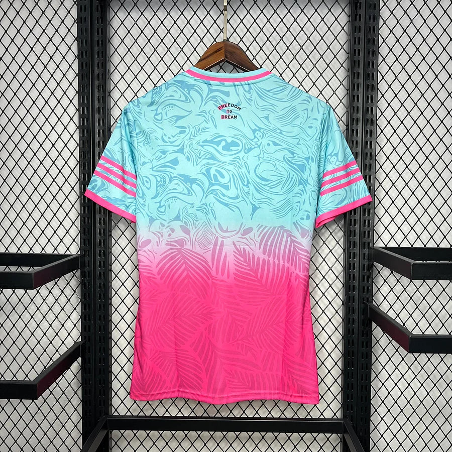 equipamento de futebol Inter Miami estilo conceito 2024 2025 camisola rosa para adepto