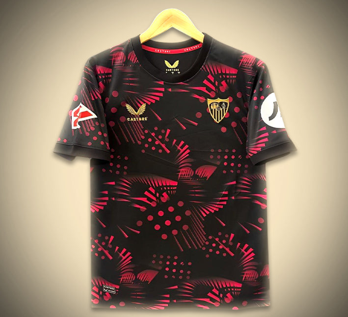 maillot-exterieur-fc-seville-noir-saison-2024-2025-tenue-de-football-officielle camisola alternativa FC Sevilha preta temporada 2024 2025 equipamento de futebol oficial