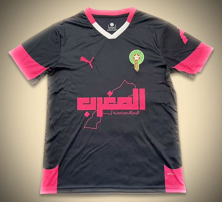 camisola conceito Marrocos edição preto e rosa temporada 2025 2026 equipa de futebol