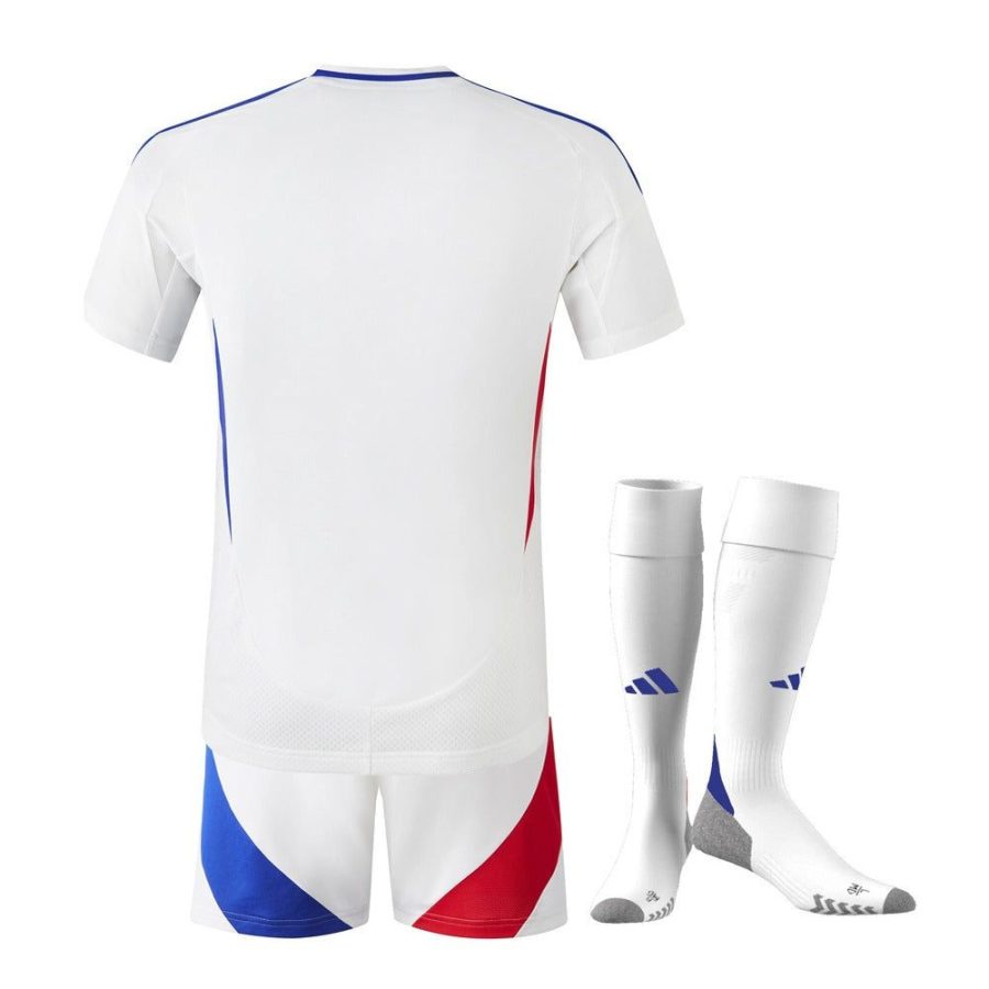 ensemble-enfant-olympique-lyonnais-domicile-saison-2024-2025-maillot-short-chaussettes Conjunto criança Olympique Lyonnais principal época 2024 2025 camisola calção meias