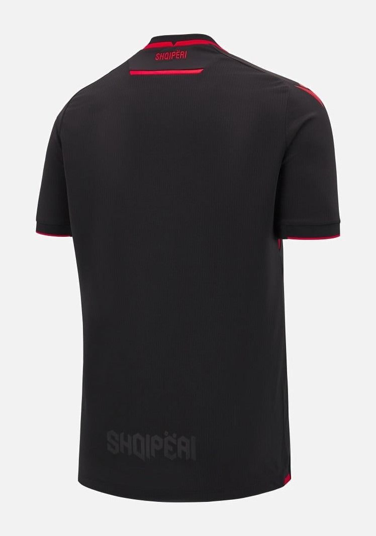 camisola de futebol Albânia terceira equipamento 2025 vermelha e preta