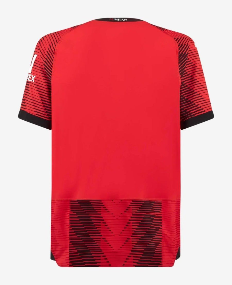 camisola principal AC Milan temporada 2023 2024 riscas vermelhas e pretas
