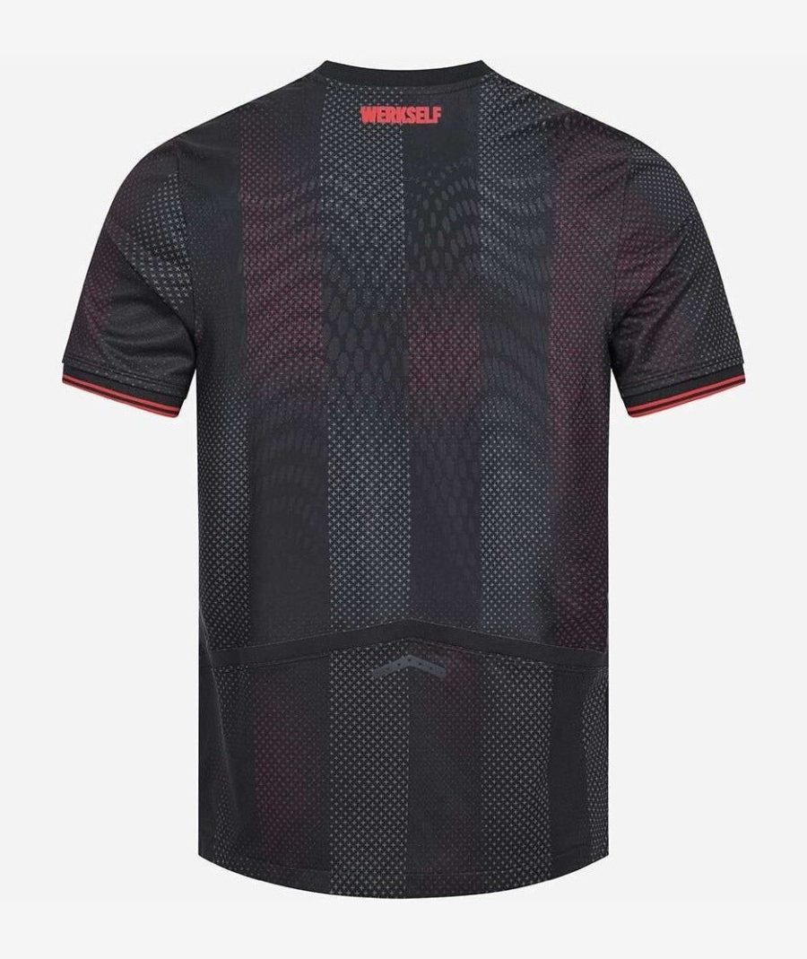 camisola principal Bayer Leverkusen época vinte vinte cinco vinte vinte seis vermelho e preto