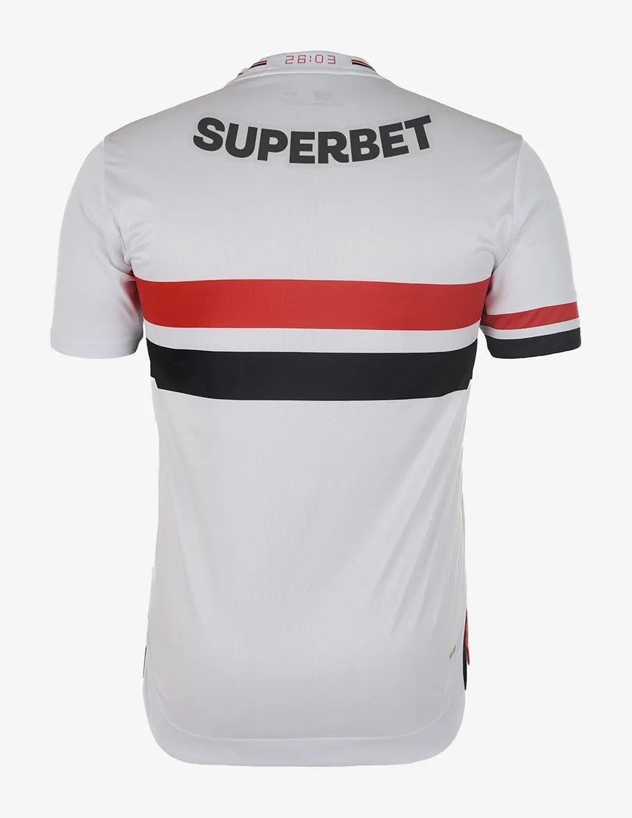 Camisola principal São Paulo FC época 2025 jersey oficial branco vermelho preto
