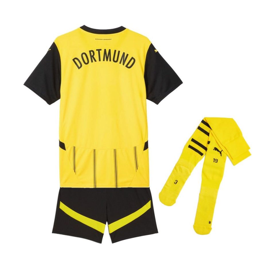 maillot-enfant-borussia-dortmund-domicile-saison-2024-2025-avec-short-et-chaussettes Camisola criança Borussia Dortmund principal temporada 2024 2025 com calções e meias