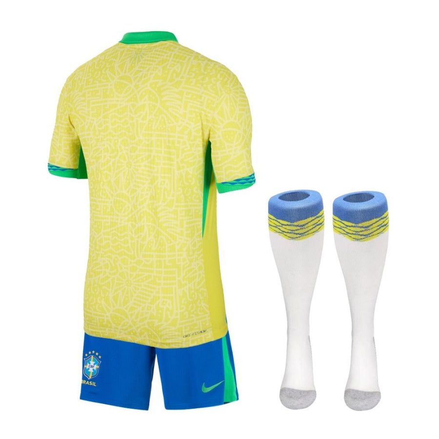 maillot-enfant-bresil-domicile-2024-jaune-et-vert-tenue-de-football camisola criança brasil principal 2024 amarela e verde equipamento de futebol