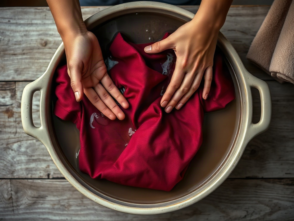 Mãos a pressionar suavemente uma camisola de futebol durante o enxaguamento à mão