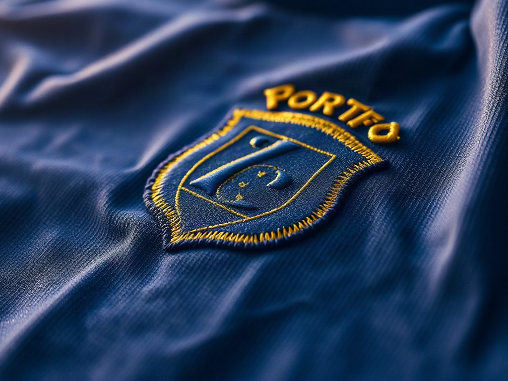 Escudo bordado em 3D de camisola oficial do Porto FC com relevo e textura visíveis