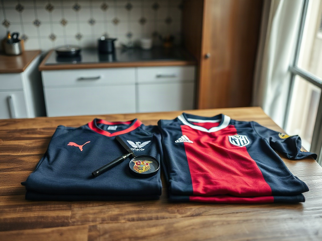 Comparação de camisolas de futebol numa mesa de cozinha em Lisboa, com lupa sobre o bordado do emblema