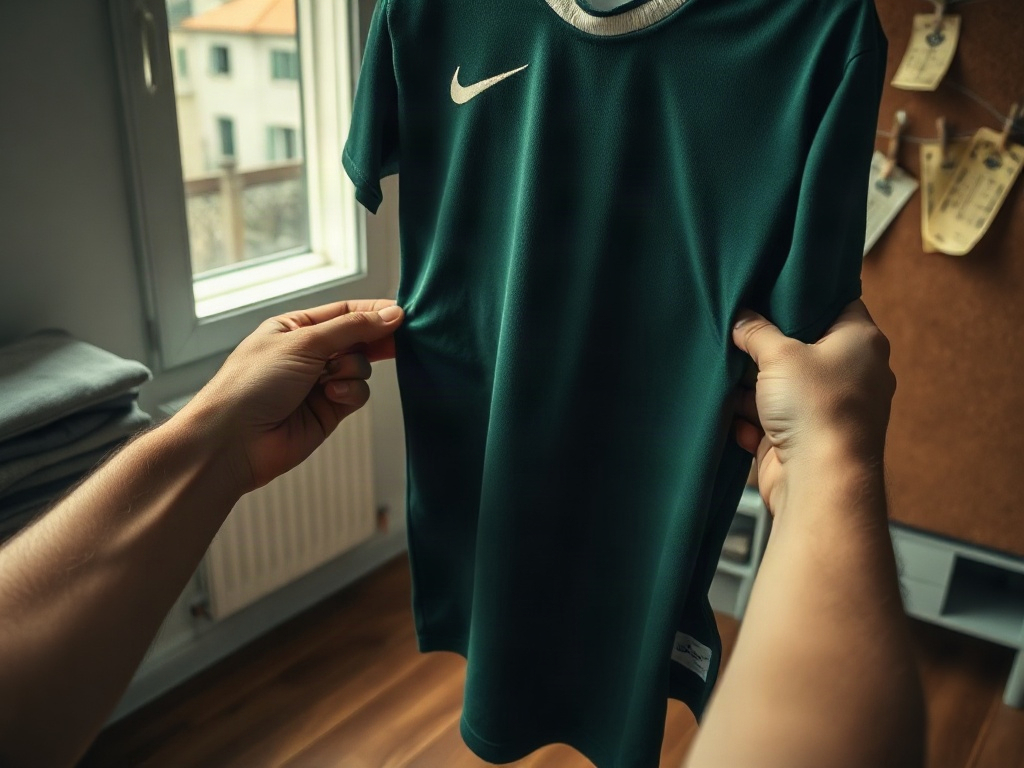 Adepto a examinar bordado de camisola de futebol à luz natural numa divisão com camisolas em prateleira ao fundo