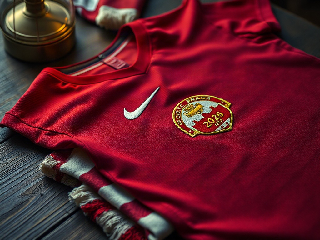 Detalhe do bordado do escudo do SC Braga na nova camisola 2026
