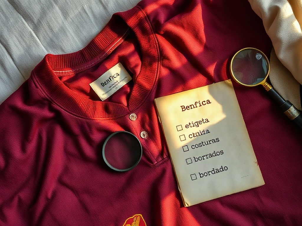 Verificação de autenticidade de camisola de futebol vintage de segunda mão com lupa e checklist