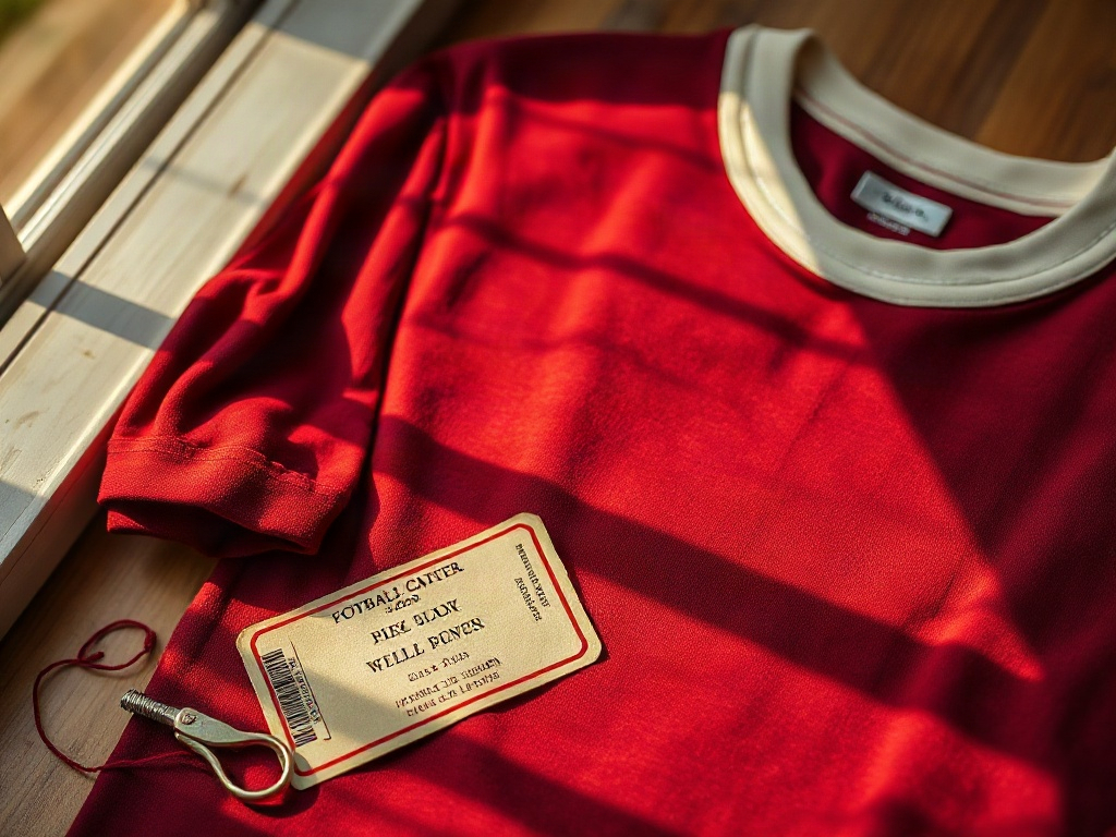 Camisola de futebol com emblema bordado sobre mesa de madeira, ao lado de bilhete de jogo e linha de costura