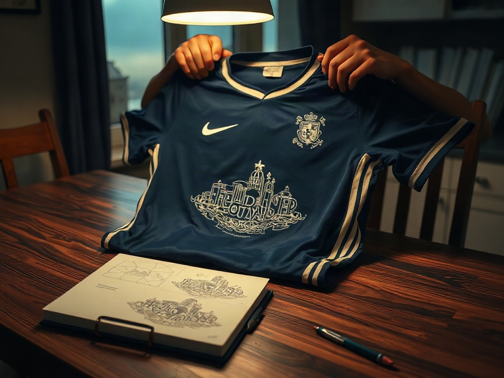 Mãos a desdobrar uma camisola conceito de futebol sobre mesa de cozinha, com caderno de esboços ao lado