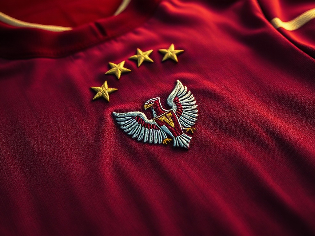 Detalhe do emblema bordado na camisola vermelha do Benfica com três estrelas douradas de campeonato nacional