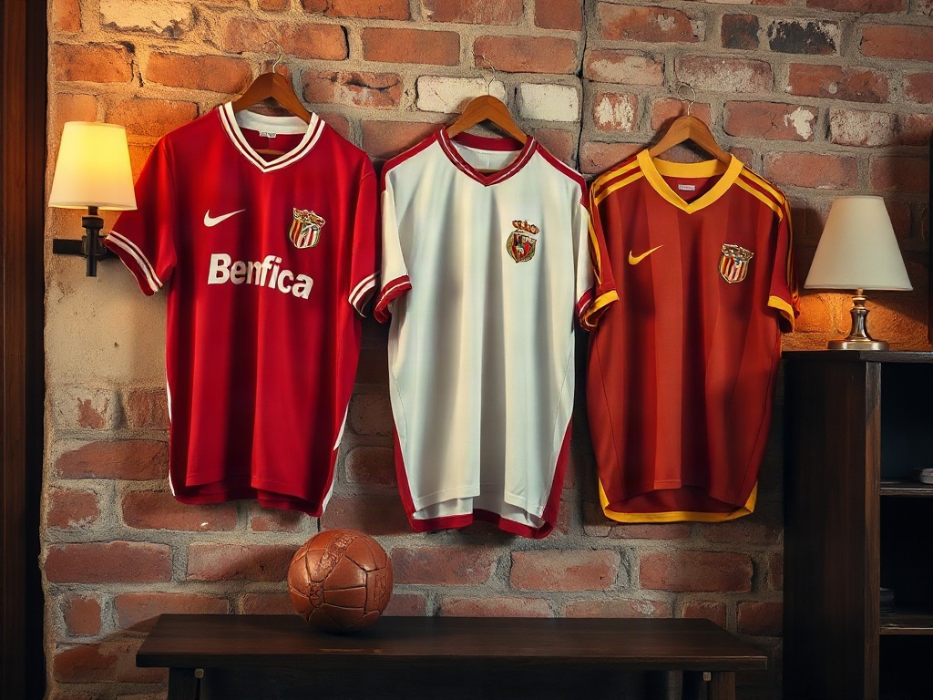 Camisolas de futebol penduradas numa parede de tijolo com estrelas visíveis em diferentes clubes europeus para comparação
