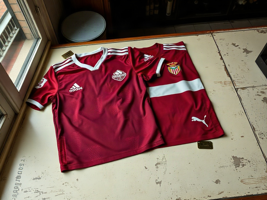 Comparação entre camisola oficial Adidas do Benfica versão jogador e versão concept em balcão de loja vintage