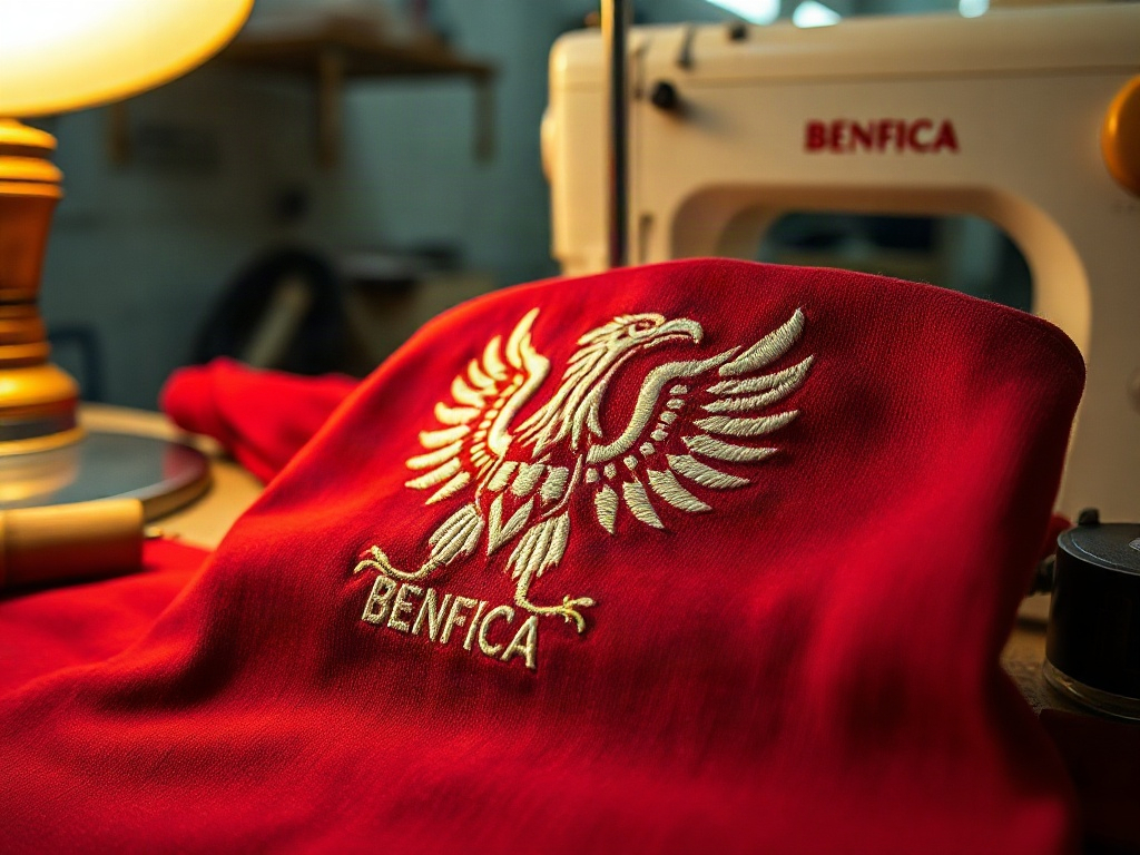 Detalhe do bordado do escudo da águia do Benfica numa camisola encarnada sob luz de inspeção