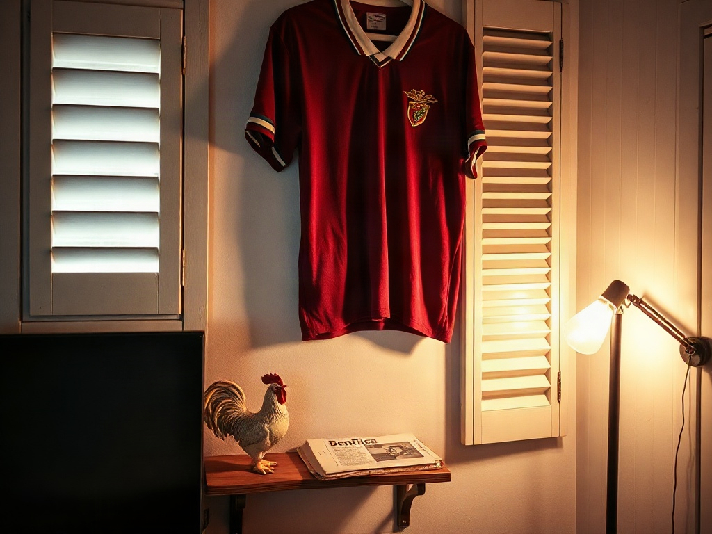 Camisola vintage do Benfica dos anos 1980 pendurada numa parede de quarto lisboeta com programa de jogo e galo de porcelana em baixo
