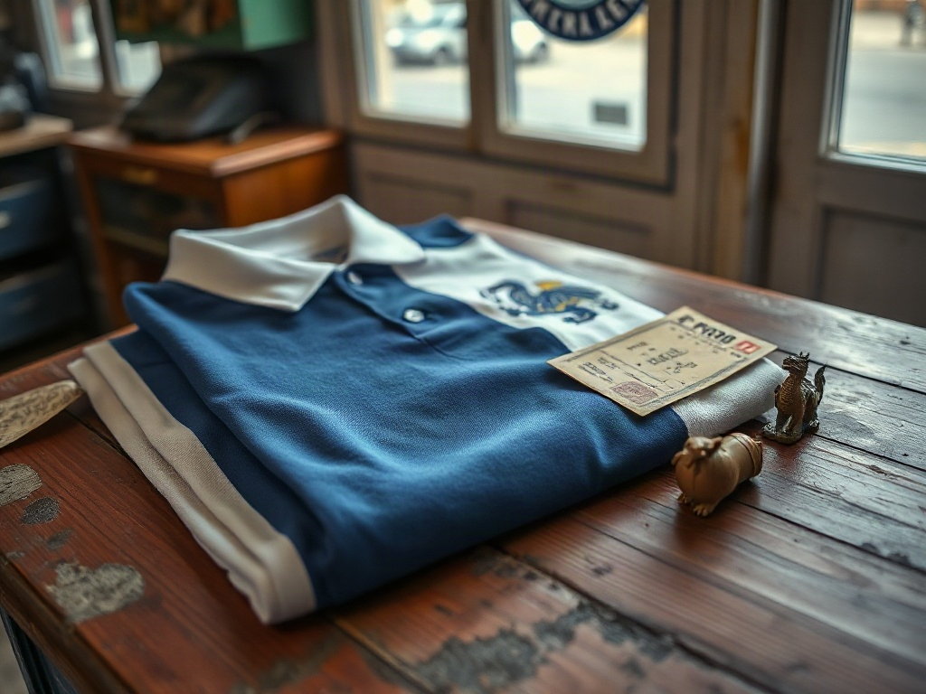 Camisola do FC Porto com emblema do dragão bordado em cima de balcão de loja vintage com bilhete de jogo antigo