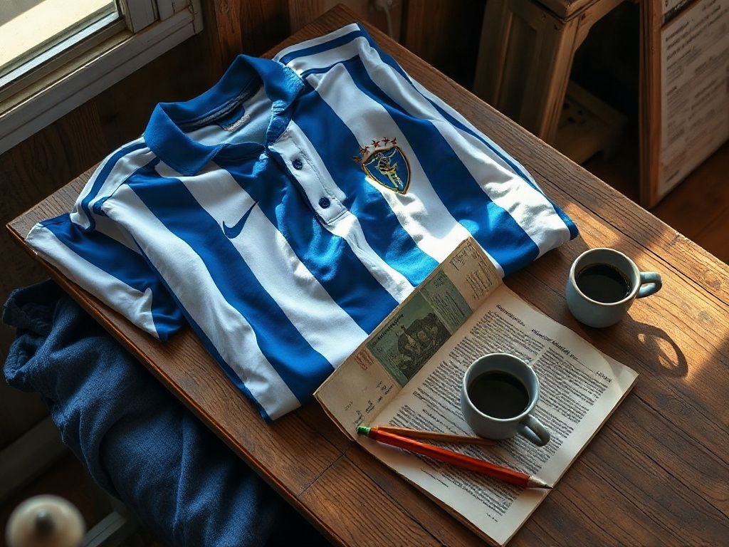 Camisola do FC Porto com estrelas bordadas sobre o escudo azul e branco, numa mesa de madeira com bilhete vintage e café, pormenor do bordado dourado