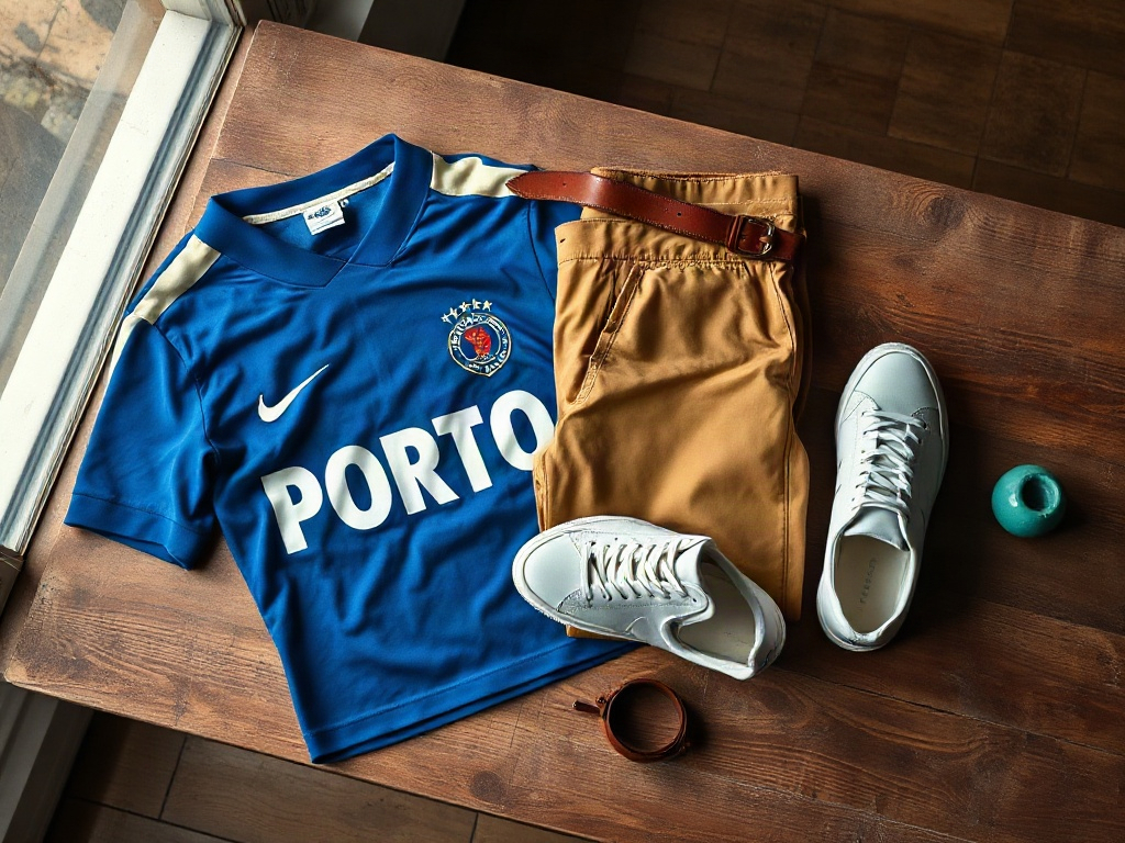 Camisola do Porto vintage dobrada ao lado de calças chino bege e sapatilhas de couro brancas sobre balcão de madeira