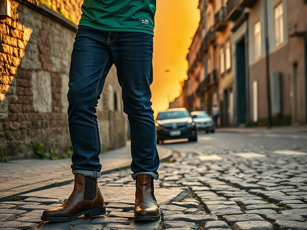 Look com camisola do Sporting verde, jeans de cintura alta escuros e bota Chelsea castanha em calçada lisboeta