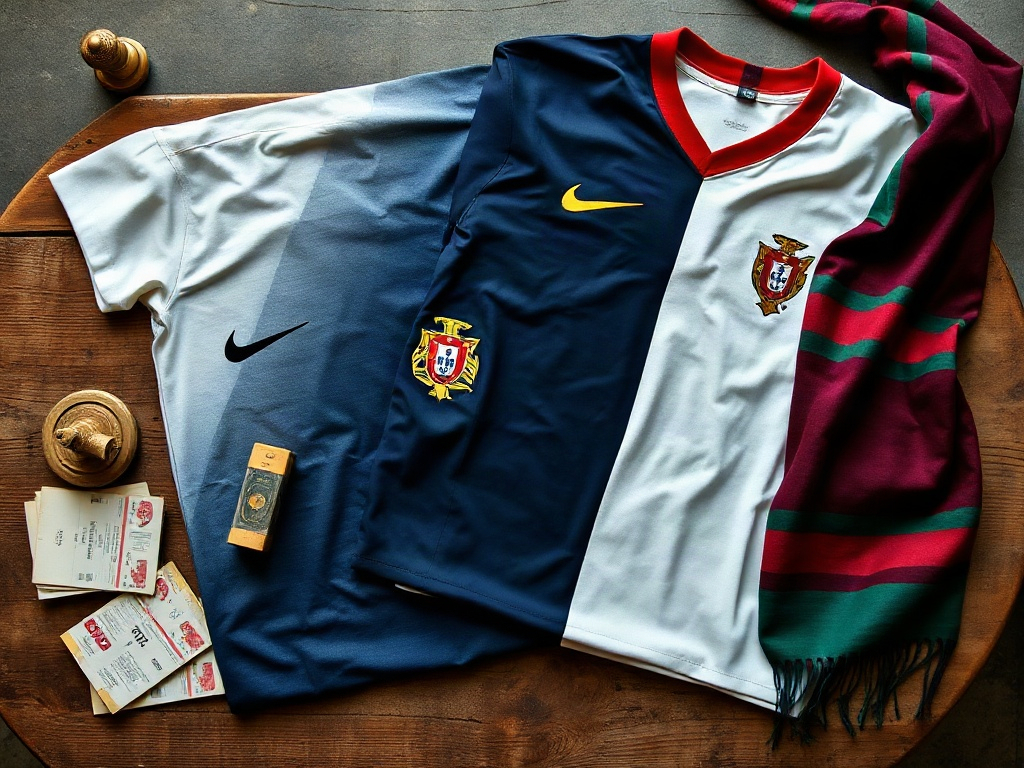 Duas camisolas alternativas de Portugal, branca e azul-escura, em flat-lay sobre mesa de madeira com bilhetes antigos e cachecol
