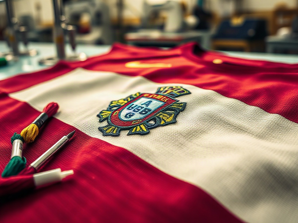 Close-up do escudo bordado e serigrafado de uma camisola alternativa oficial de Portugal sobre mesa de inspeção