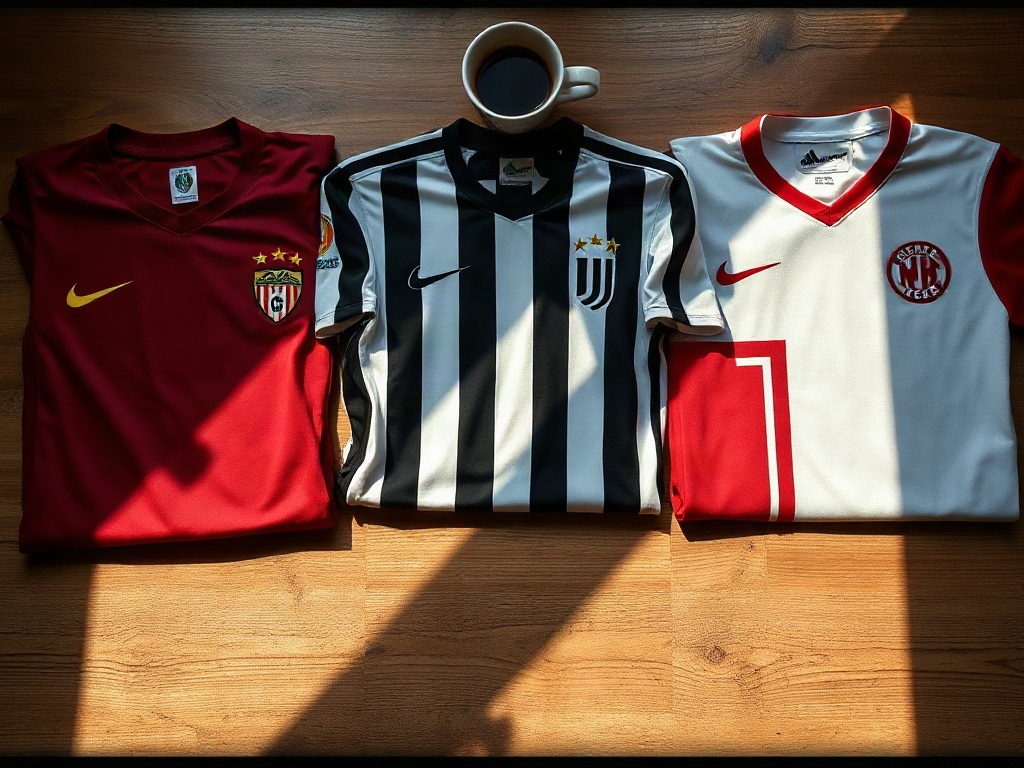 Três camisolas europeias com estrelas douradas acima do escudo, numa comparação em flat-lay sobre mesa de madeira