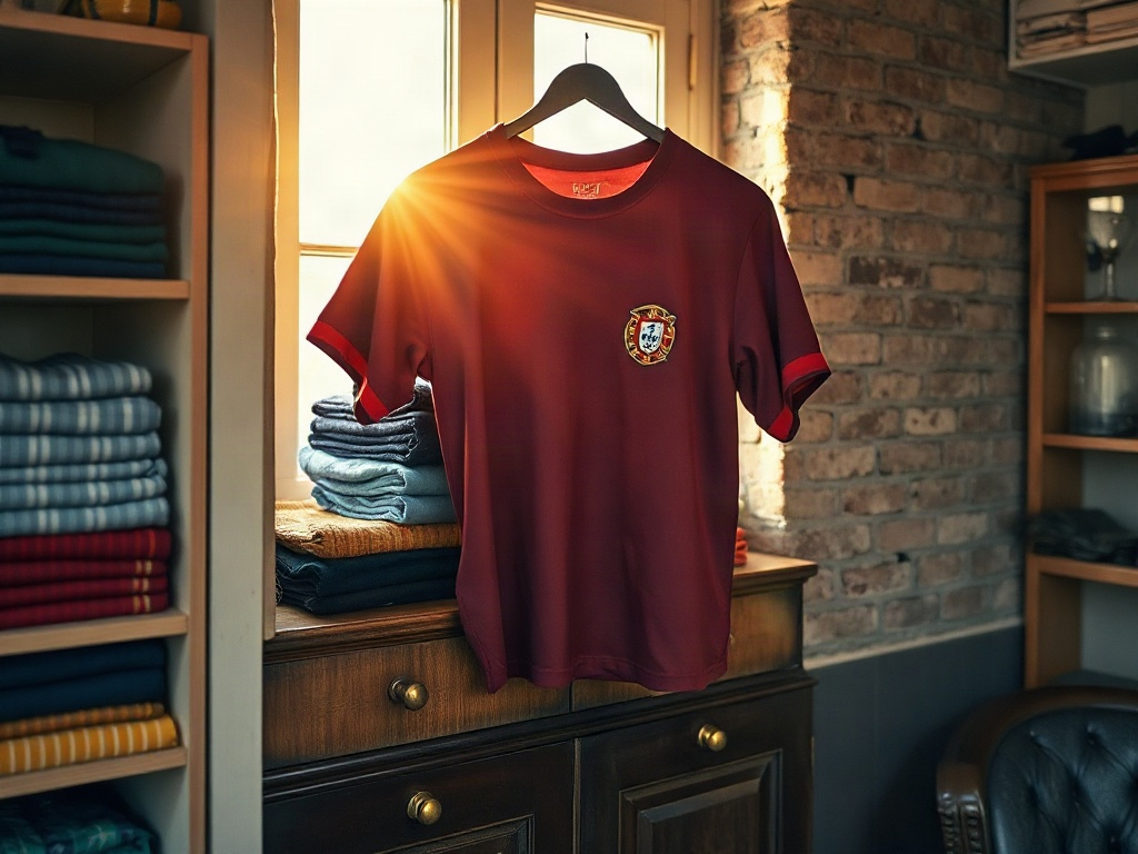 Interior de loja de camisolas vintage em Lisboa com camisolas do Benfica, Porto e Sporting em prateleiras de madeira