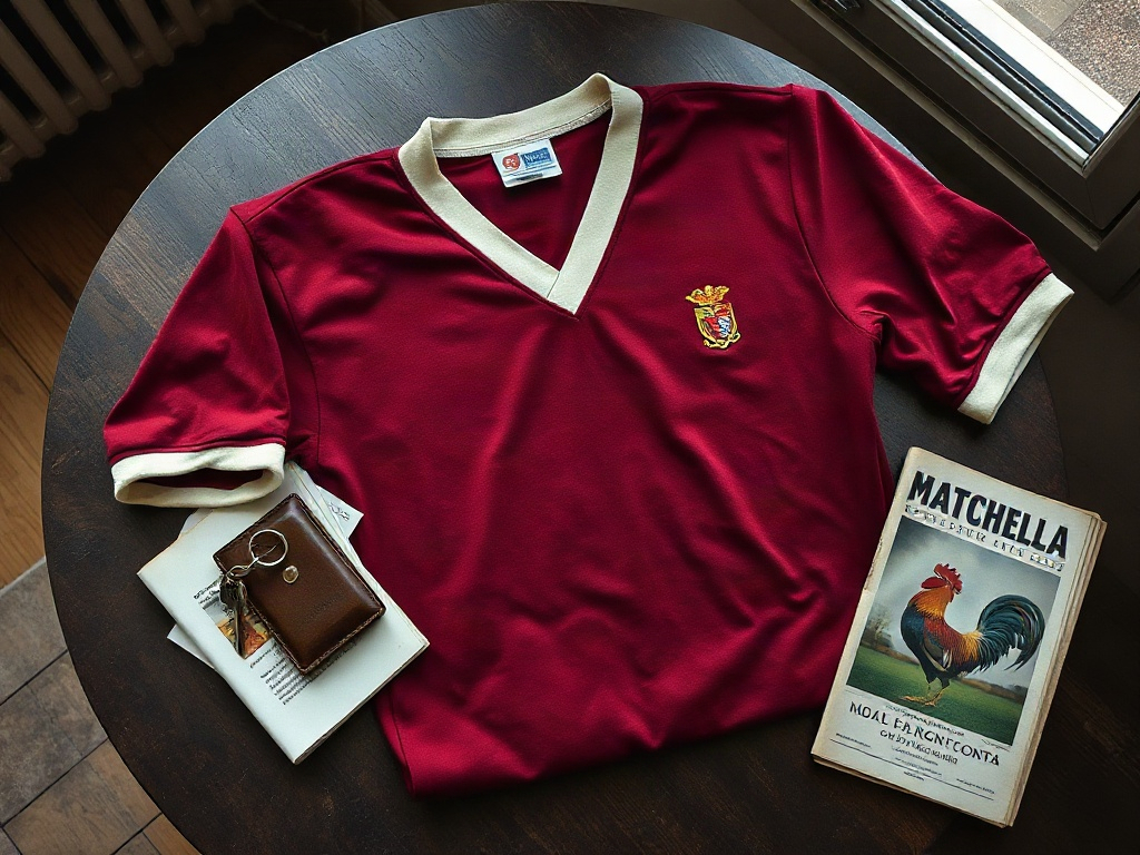 Camisola retro do Benfica dos anos 1970 em algodão escuro sobre mesa de madeira antiga com programa de jogo vintage