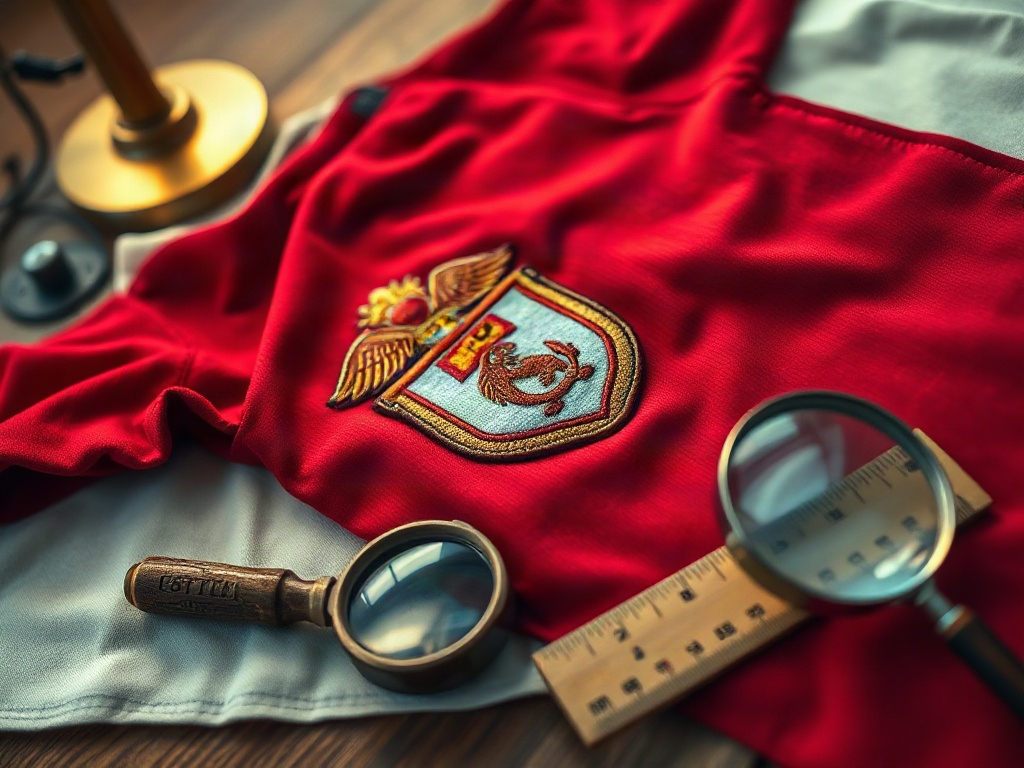 Detalhe do bordado do escudo numa camisola retro do Benfica, com fios de linha visíveis e relevo à superfície do tecido
