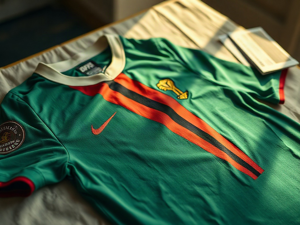 Camisola da Nigéria com padrão geométrico diagonal verde e vermelho, detalhe do bordado dourado do escudo