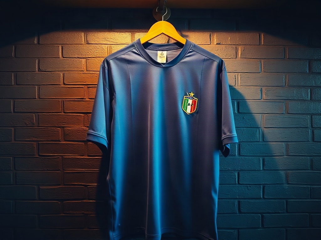Camisola azul celeste da Itália dos anos 1990 pendurada num cabide, com escudo bordado visível
