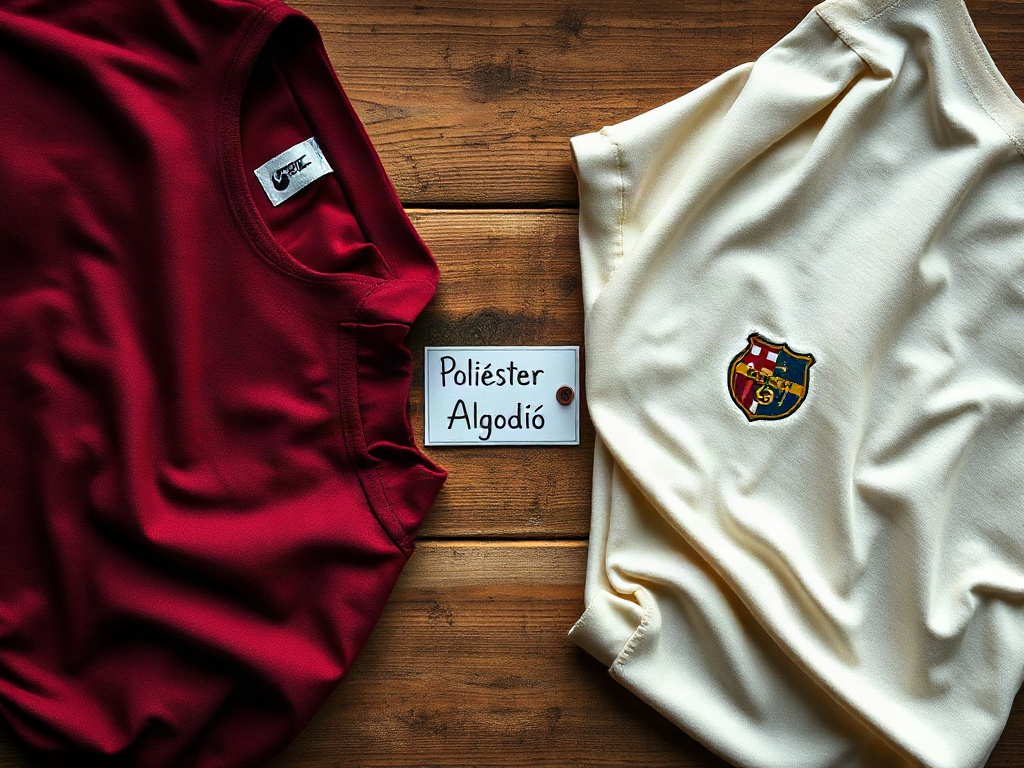 Comparação entre camisola de poliéster e camisola de algodão numa mesa de madeira
