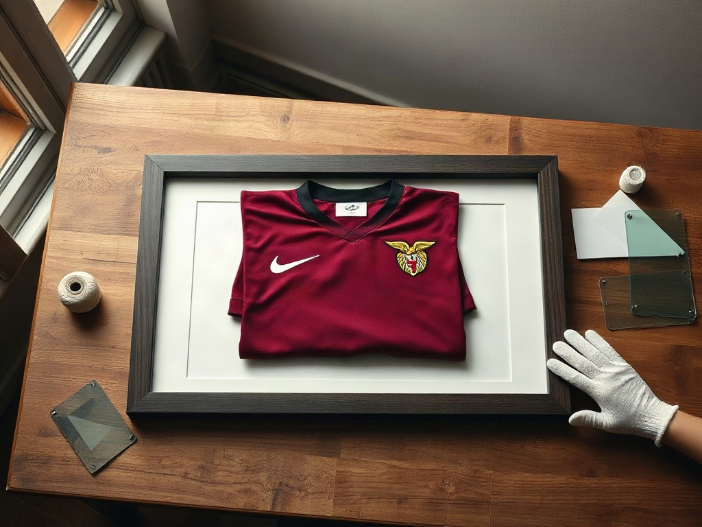 Shadow box aberta sobre mesa de madeira com camisola de futebol borgonha e materiais de emolduramento