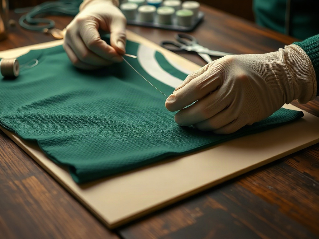 Mãos com luvas de conservação a fixar camisola de futebol verde com fio de nylon transparente