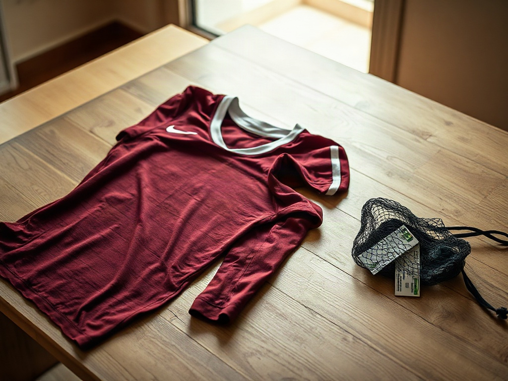 Camisola de futebol virada do avesso ao lado de saco de rede para lavagem