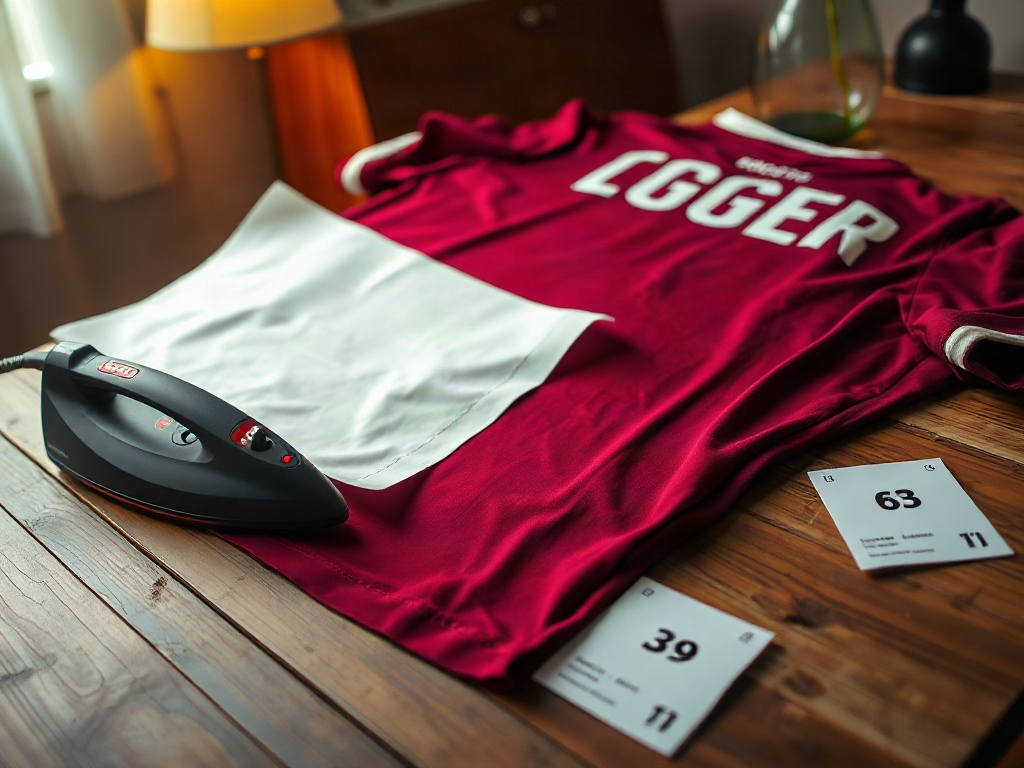 Camisola de futebol com personalização em flex termocolante numa mesa de madeira, com ferro de prensa e folha de transferência