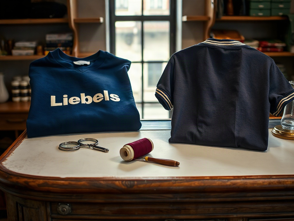 Comparação entre flock aveludado e bordado numa camisola de futebol sobre balcão de loja vintage em Lisboa