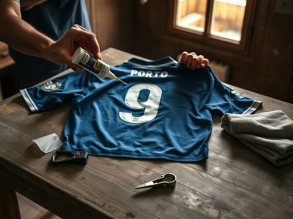 Aplicação de cola têxtil na parte posterior de um número de camisola de futebol para recolar