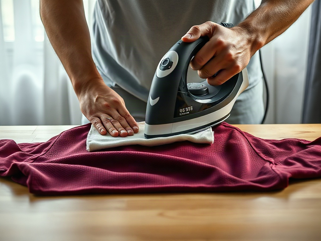 Aplicação de ferro sobre pano de algodão na dorsal de uma camisola para amolecer o vinil termoprensado