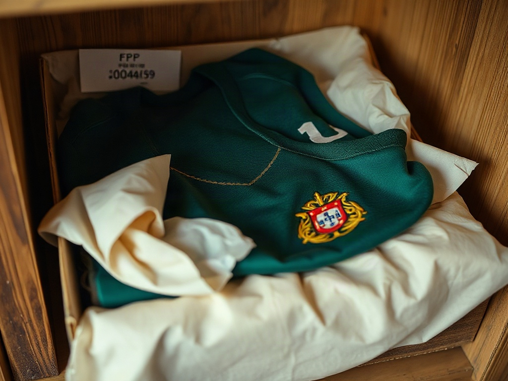 Camisola vintage da Seleção Portuguesa dos anos 1990 dobrada em papel de seda numa caixa de arquivo, com o escudo FPF bordado visível