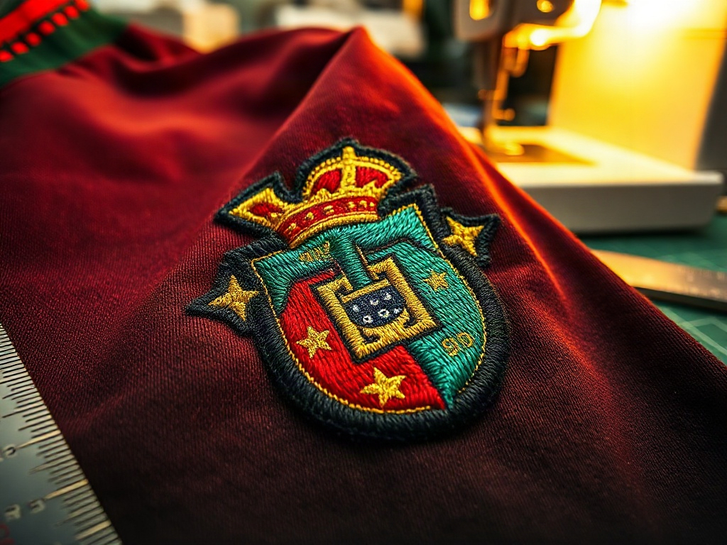 Pormenor macro do bordado do escudo da FPF numa camisola da Seleção Portuguesa, com os fios em verde, vermelho e dourado nítidos