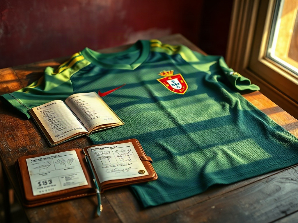 Camisola verde da Seleção Nacional 2026 sobre mesa de madeira com caderno de esboços e bilhete de jogo