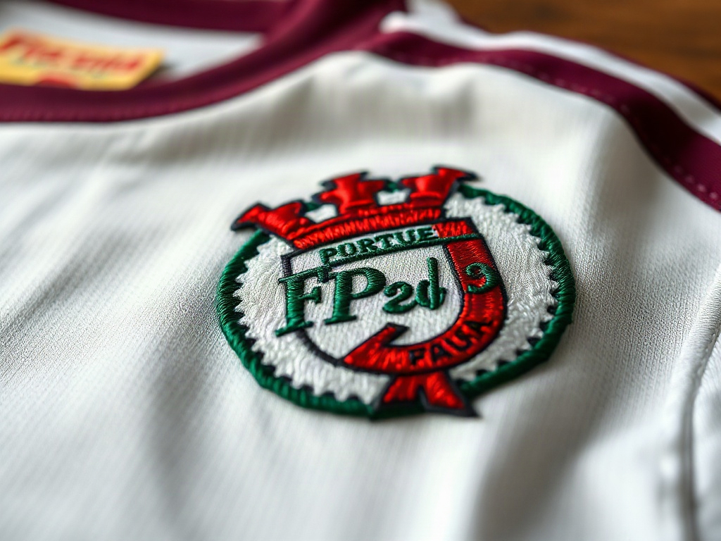 Detalhe do bordado do escudo FPF na camisola alternativa branca da Seleção Nacional 2026