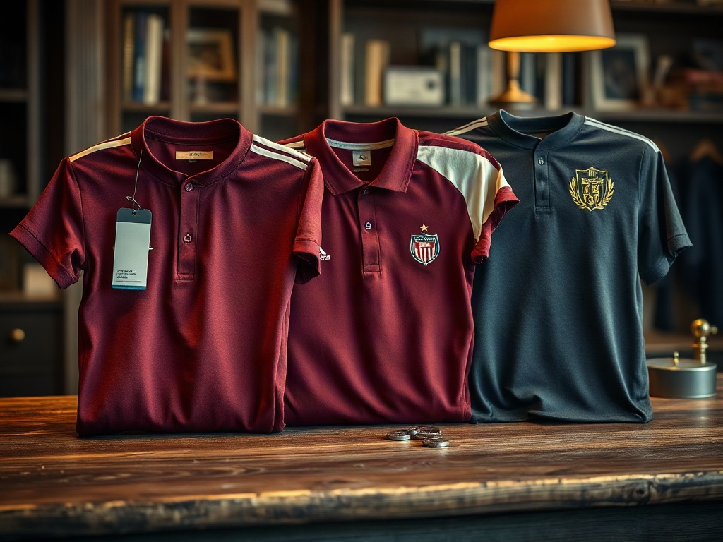 Três tipos de camisolas de futebol: réplica oficial, camisola conceito e versão pro player, lado a lado num balcão de loja
