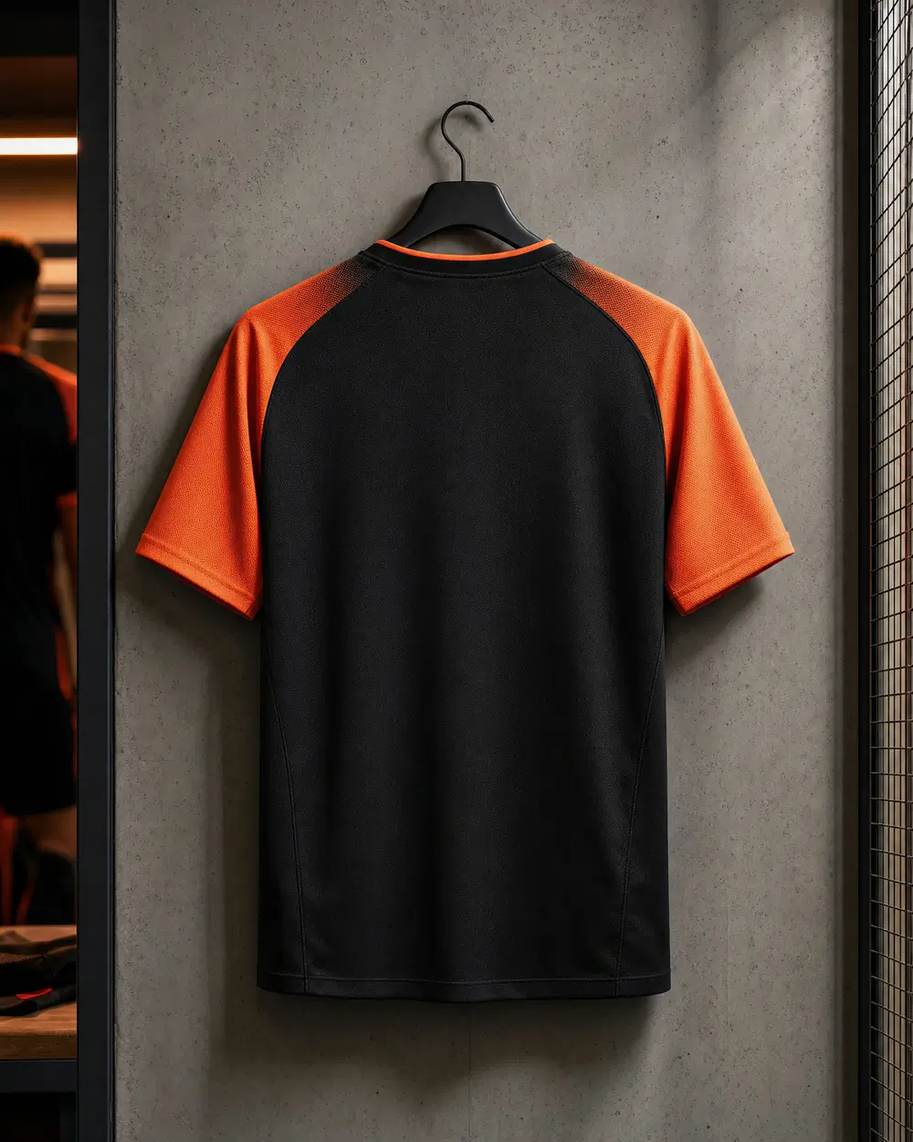 Costas de uma camisola de futebol preta e laranja pronta para nome e número