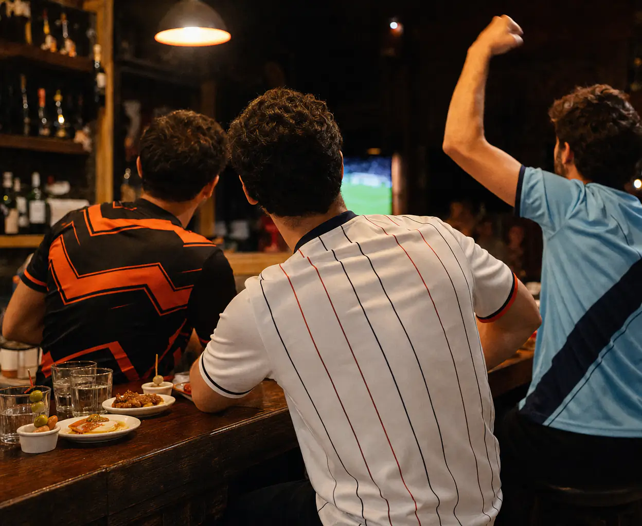 Amigos com camisolas concept celebram um golo num café